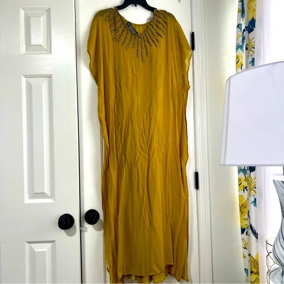 J. Peterman Company The Evening Caftan Gown Beaded Maxi Dress MuMu Yellow Gold M - Picture 2 of 16